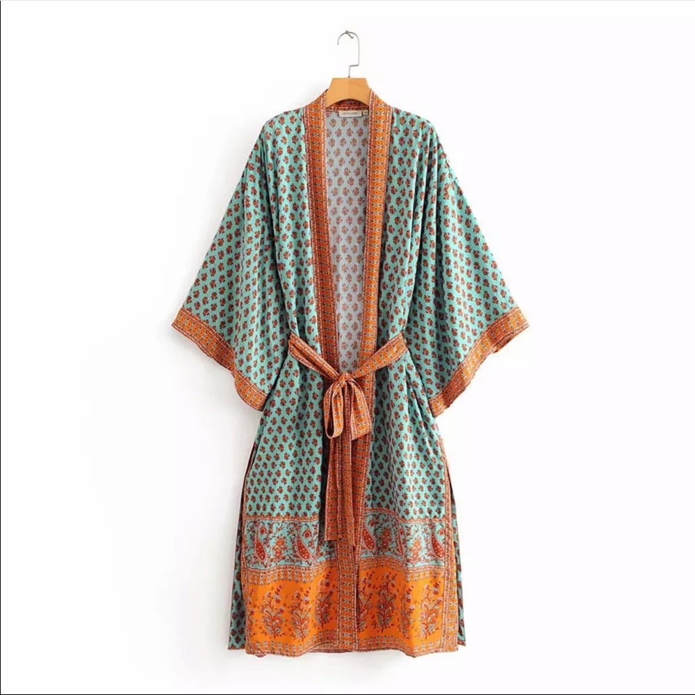 Teal Boho Kimono Floral Gypsy Print Maxi CoverUp - Picture 2 of 15